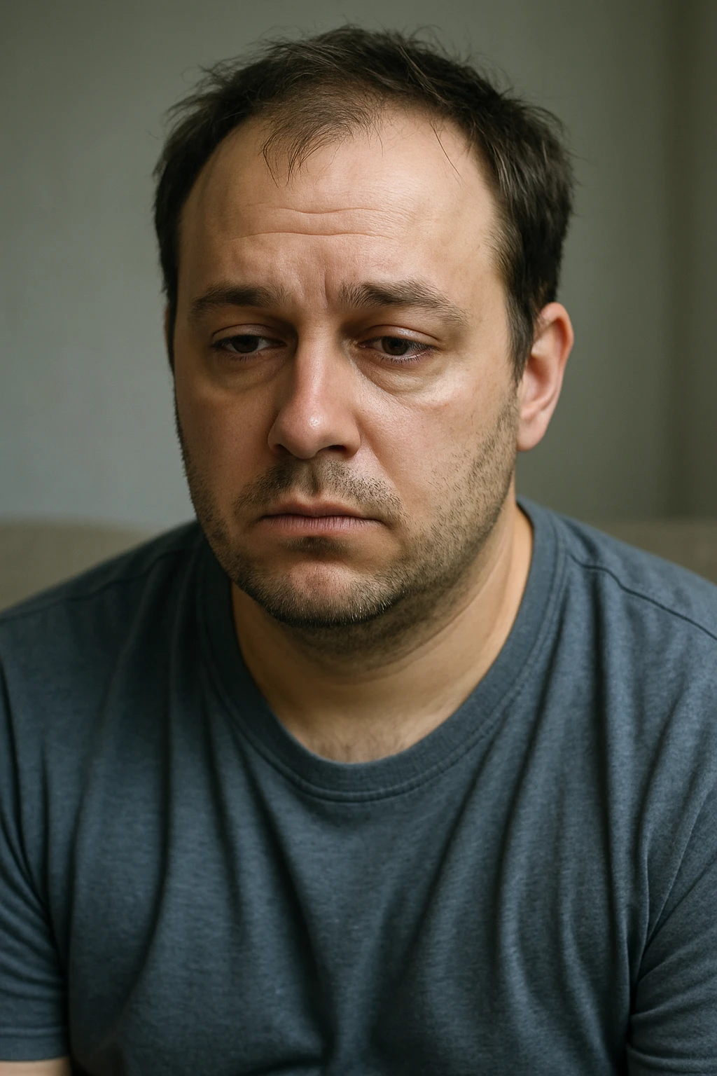 Un uomo caucasico di 35-45 anni, in CGI fotorealistico, che mostra i segni fisici ed emotivi di un basso livello di testosterone. emoji