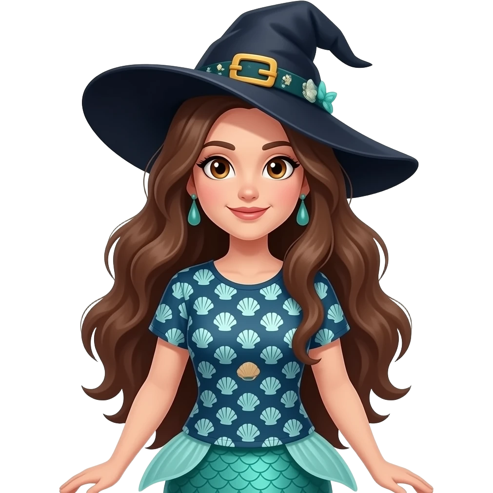 A beautiful brunette witch/mermaid with brown eyes full body with shell mermaid shirt emoji