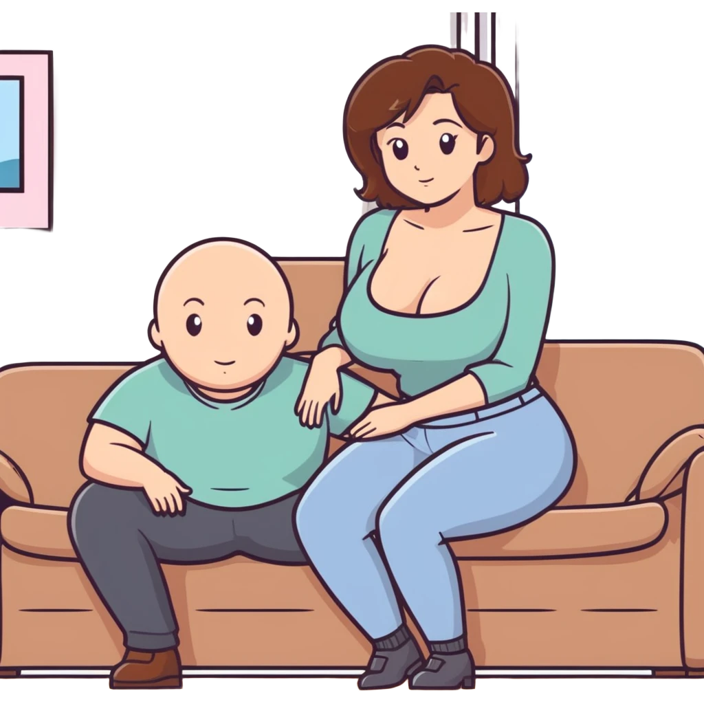 One Caucasian woman with brown hair big boobs wearing pants sitting on a couch with a bald man. She is kneeling emoji