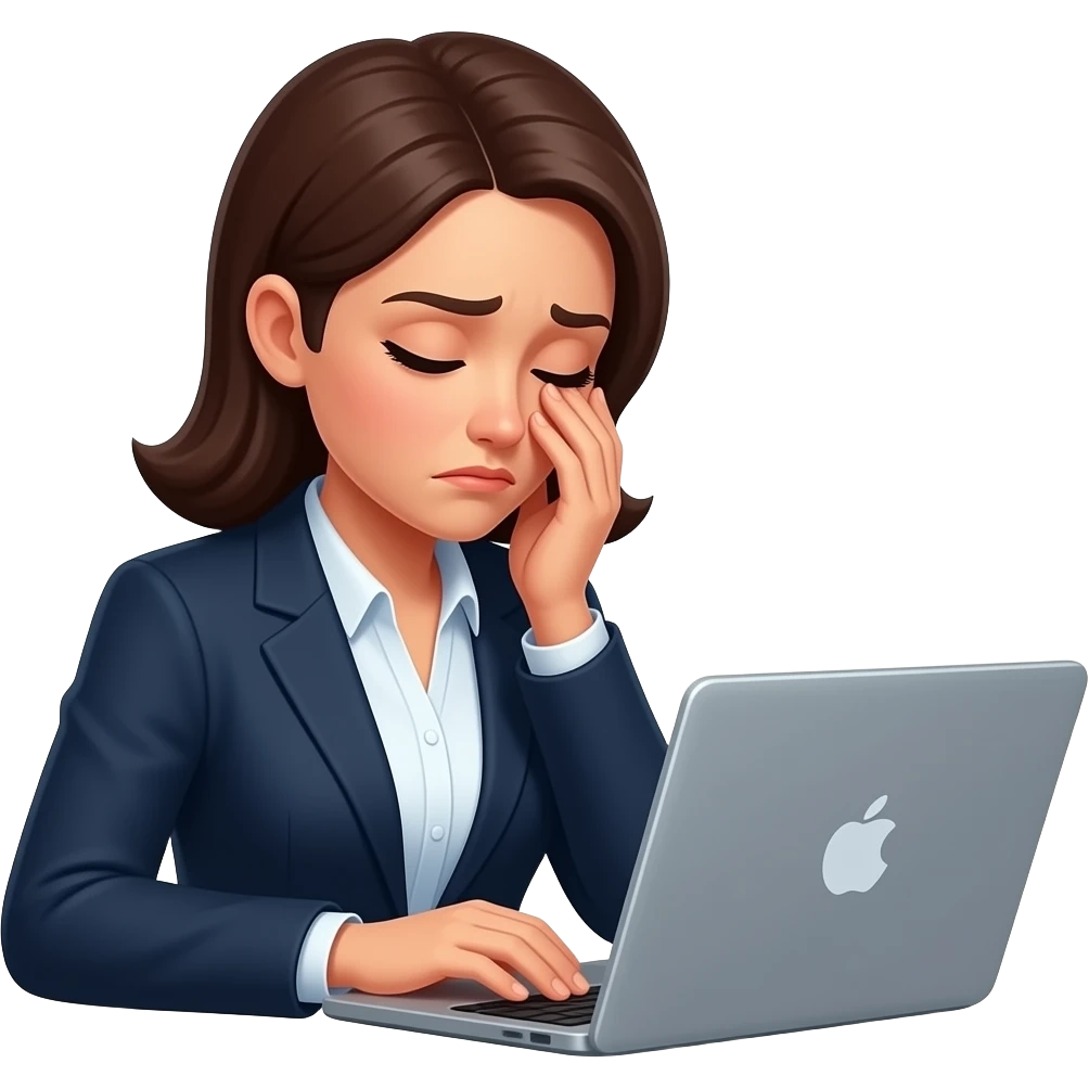 Mujer profesional,usando laptop,exausta emoji