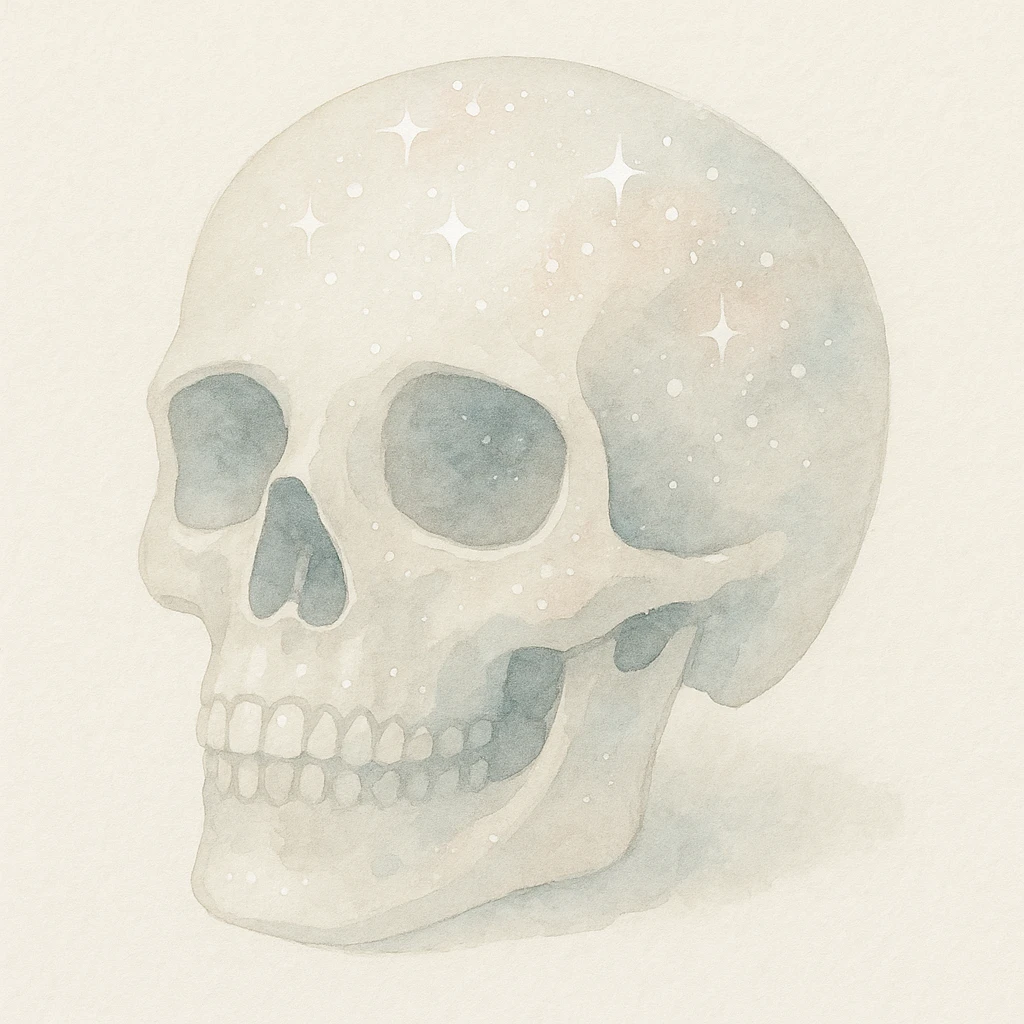 a glittery skull with sparkling highlights and shimmering textures in watercolor art style emoji