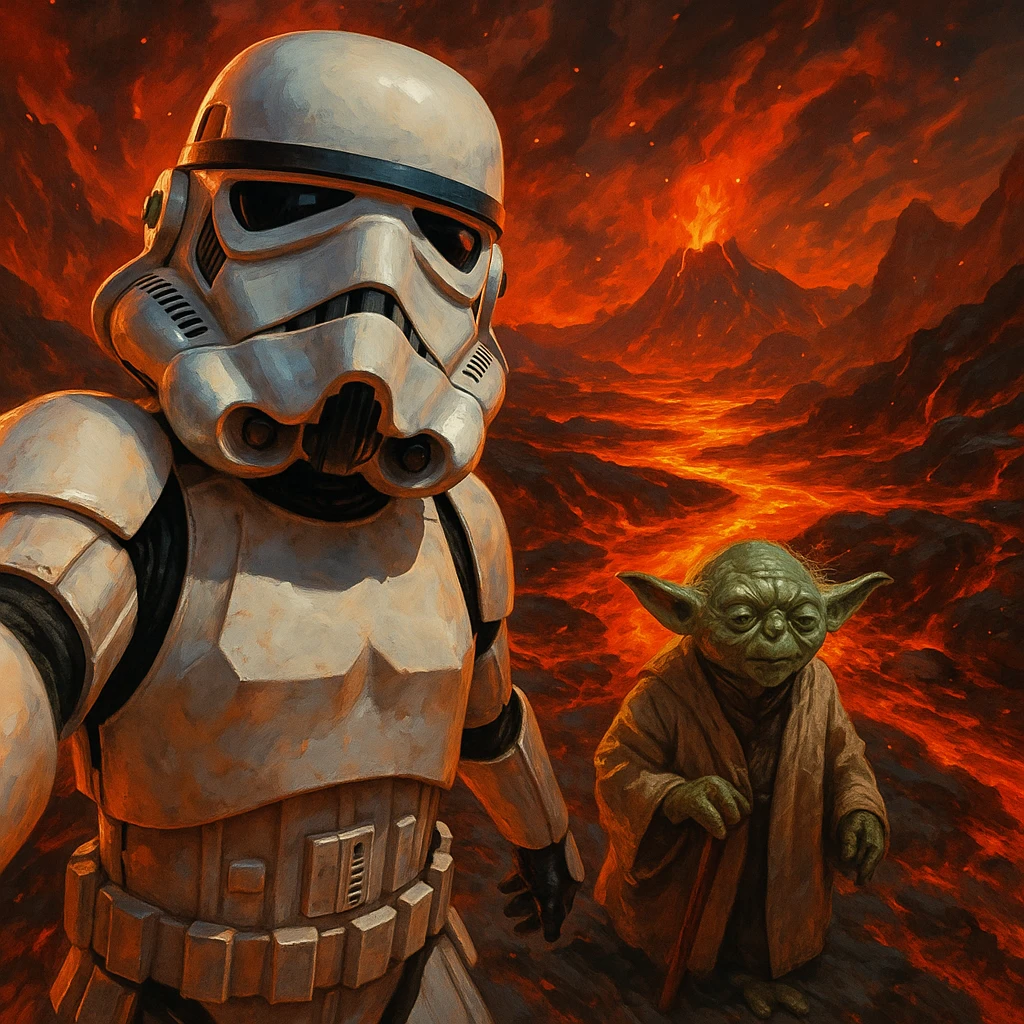 make digital poster art of Camera POV, Starwars stormtroopers vlogging selfie, he is walking on lava planet with yoda
 emoji