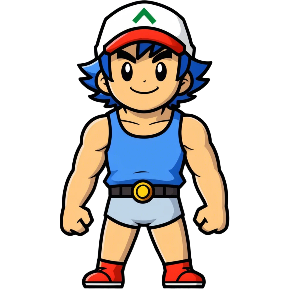 Hot handsome muscular 6ft 5inch tall smiling happy fun shirtless Ash Ketchum and his best friend  emoji