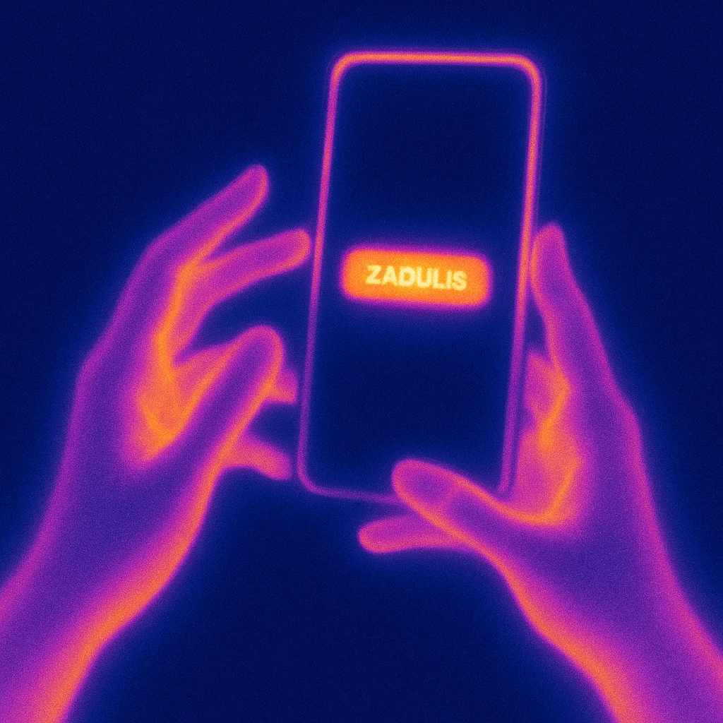 Can you please render an image of a digital artwork with a dreamy, cosmic aesthetic. It shows two beautiful feminine stylized hands left and right (in purples and pinks) seemingly holding or manipulating a floating phone with a dark screen and with its borders glowing and has a glowing small horizontal button on the screen with text “ZADULIS” and that radiates warm colors—yellow, orange, and magenta. Make the image 3D and look more like an artistic glassmorphism type. Make the image look HD and quality  emoji