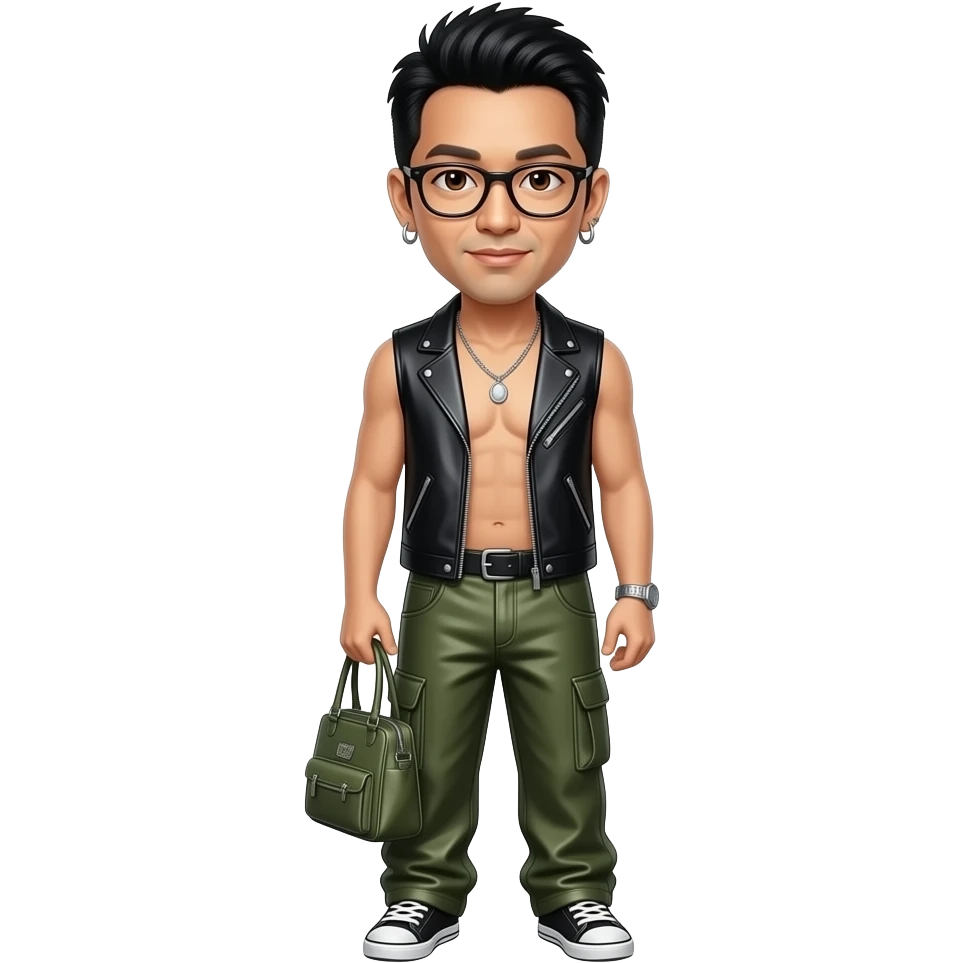 Mike Shinoda with brown eyes, black hair, black metallic vest, olive green metallic baggy loose pants, shirtless with necklace and earrings emoji