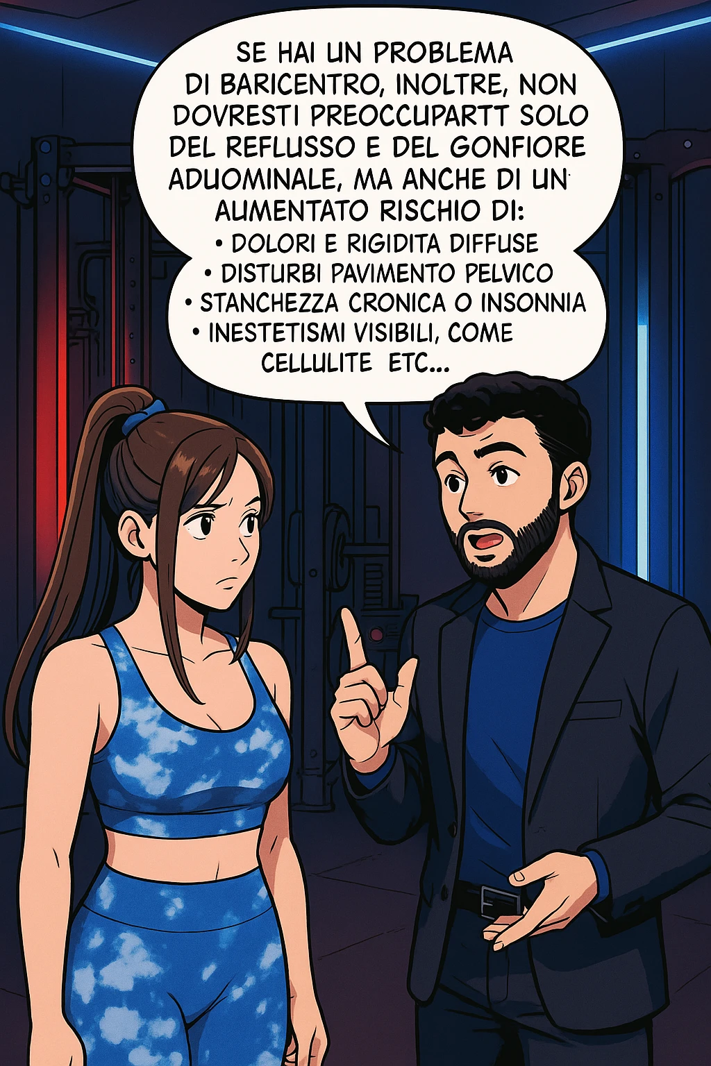 TRASFORMA QUESTO CAROSELLO IN UN FUMETTO STILE WEBTOON/MANGA A COLORI CON QUESTE DUE PERSONE IDENTICHE CHE INTERLOQUISCONO TRA LORO, L'uomo sta spiegando alla donna questo concetto:

Se hai un problema di baricentro, inoltre, non dovresti preoccuparti solo del reflusso e del gonfiore addominale, ma anche di un aumentato rischio di:
    • dolori e rigidità diffuse
    • disturbi pavimento pelvico
    • stanchezza cronica o insonnia
    • inestetismi visibili, come celluluite
    • etc… emoji
