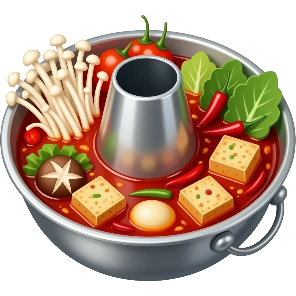 spicy mala hot pot, red chili oil broth, enoki mushrooms, vegetables, tofu, dried chili peppers, chinese style hot pot, stainless steel bowl, top view, realistic food photography emoji