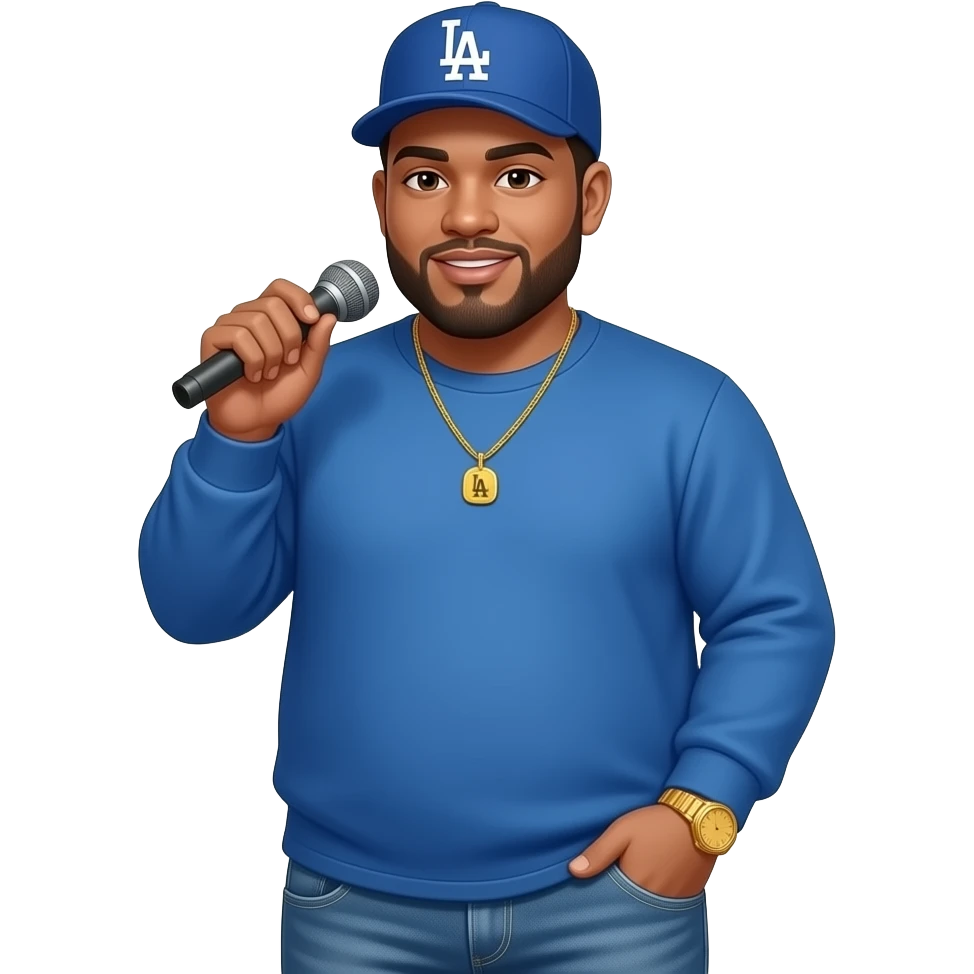 Chubby man with light honey skin tone and lightly shaved black beard wearing a blue Los Angeles Dodgers logo baseball cap wearing a long sleeve blue shirt wearing a gold tennis necklace and a gold wrist watch wearing denim jeans writing a rap song emoji