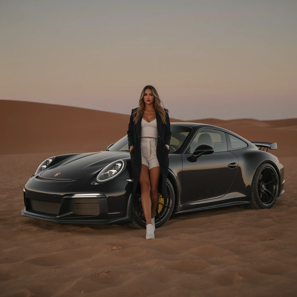 Cinematic still of a woman next to  porsche 911 on desert emoji