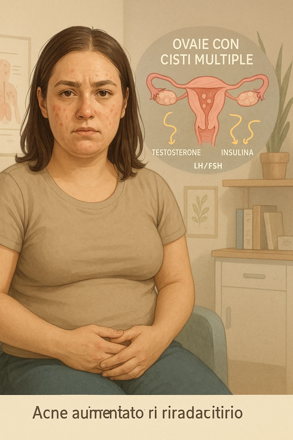 Donna tra i 25 e i 35 anni, con espressione stanca ma determinata, seduta in uno studio medico o nella sua stanza, con mani sul basso ventre. Sullo sfondo un diagramma trasparente o fluttuante di ovaie con cisti multiple, ormoni stilizzati in disequilibrio (testosterone, insulina, LH/FSH). Leggeri segni visivi di sintomi tipici: acne sul viso, lieve aumento di peso, capelli leggermente diradati in zona frontale. Ambiente realistico ma con elementi educativi e simbolici. Toni tenui ma caldi, stile empatico e informativo. in italiano emoji