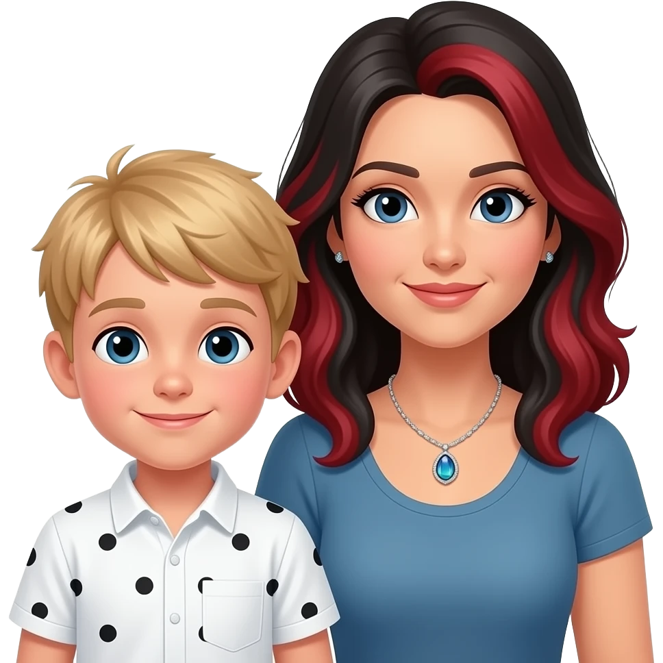 8 year old boy with blond hair and white shirt with black dots on shirt and mother sitting next to him mother is 38 and with black hair mixed with red hair and mom has a beautiful necklace with a dhiny gem on it emoji