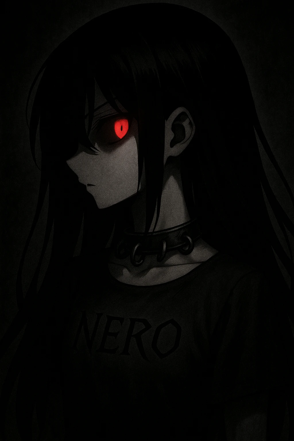 In a shadowy void, a mysterious anime girl with black hair covering her face turns right. Her left eye glows crimson, radiating menace. She wears a dark leather necklace with metal rings, and 'NERO' is engraved in sharp black script on her dress. emoji