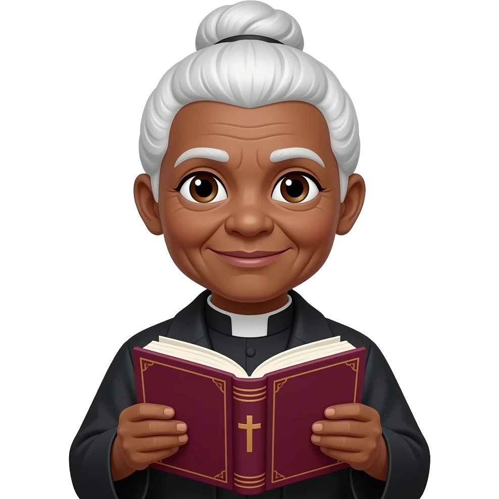 wise old woman with white hair in a bun black skin with burgundy book that has a cross on it emoji