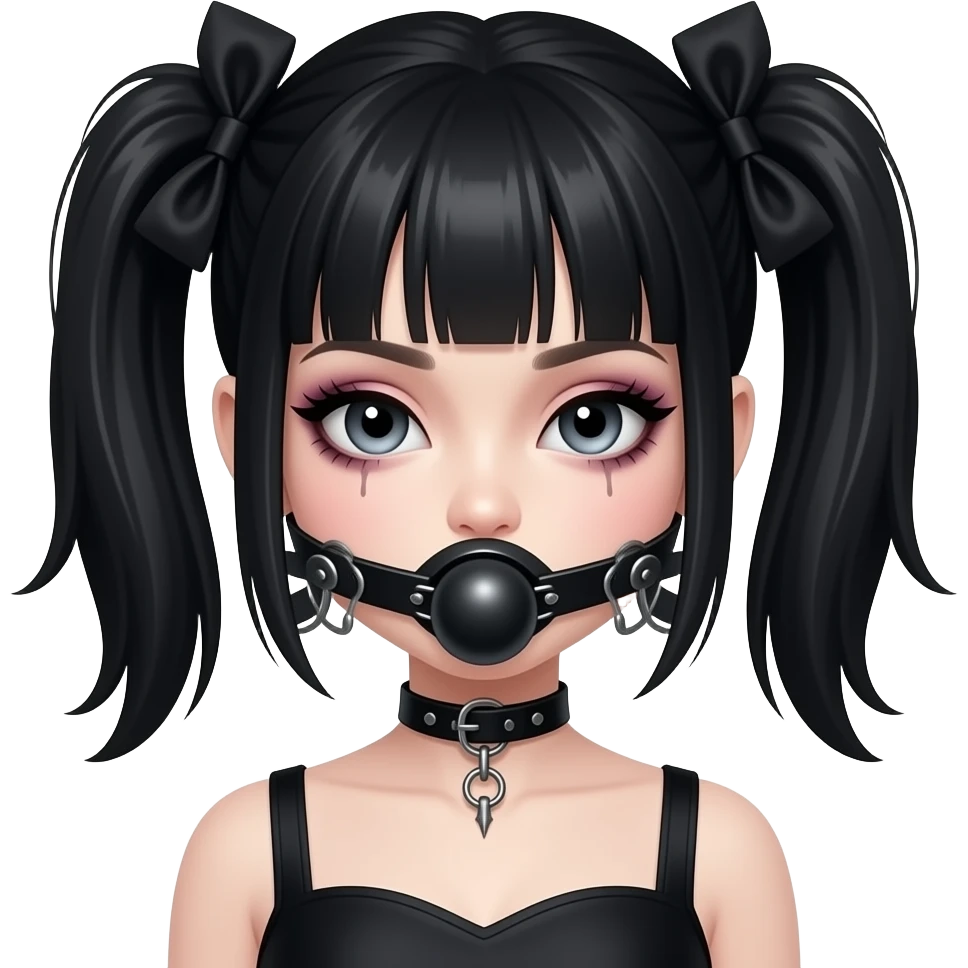 Black haired girl with gagball collar across mouth and gothic make up emoji