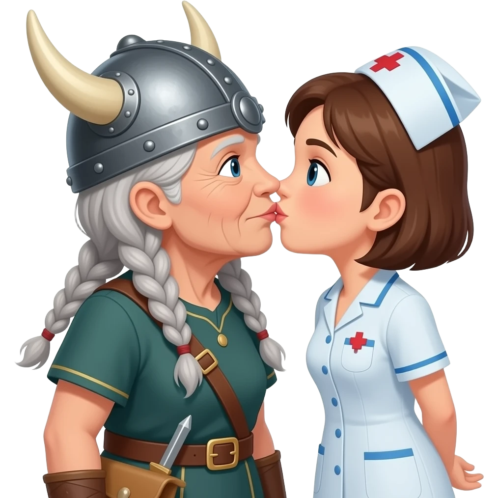 Viking helmet gray braids old woman french kissing old shortest hair brunette woman nurse emoji