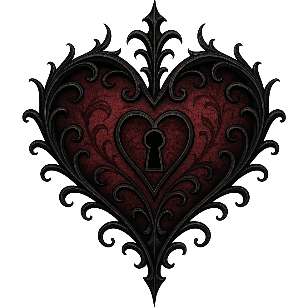 gothic style heart with a keyhole, black and crimson colors, gothic aesthetic, transparent background emoji