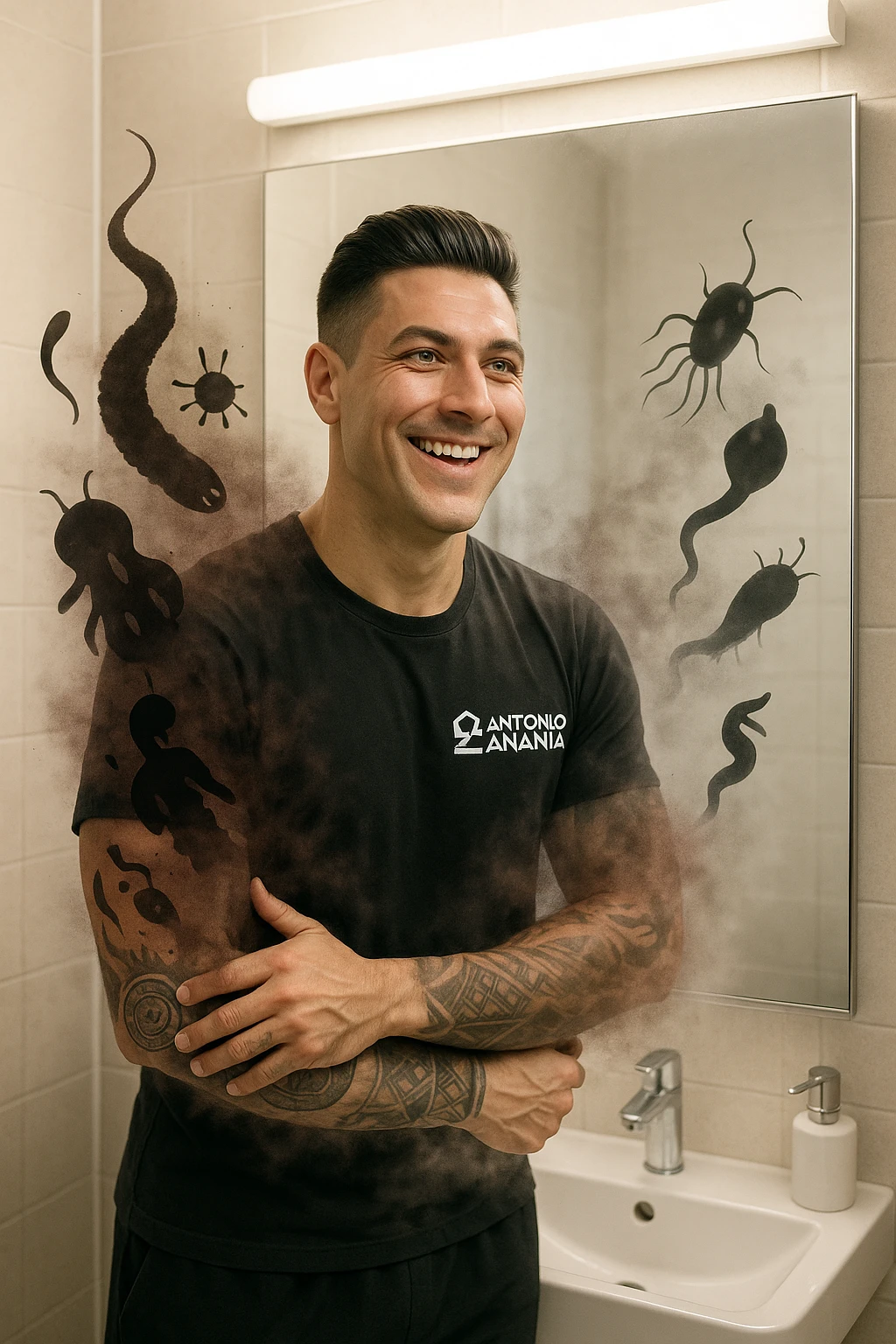 a man stands in a brightly lit bathroom, looking relieved and revitalized as he examines his reflection in the mirror. In the foreground, stylized, shadowy images of parasites (such as worms or protozoa) are shown leaving his body, dissolving into mist or fading away. His posture is upright and his expression is one of newfound energy and health. emoji