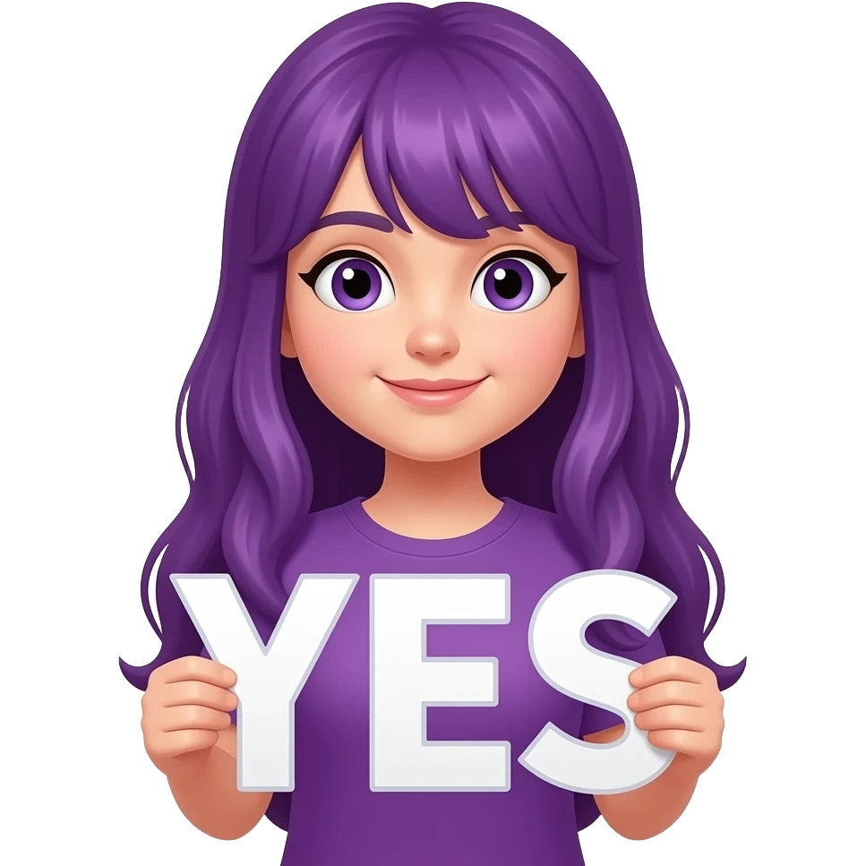 girl with long purple hair with a YES sign emoji