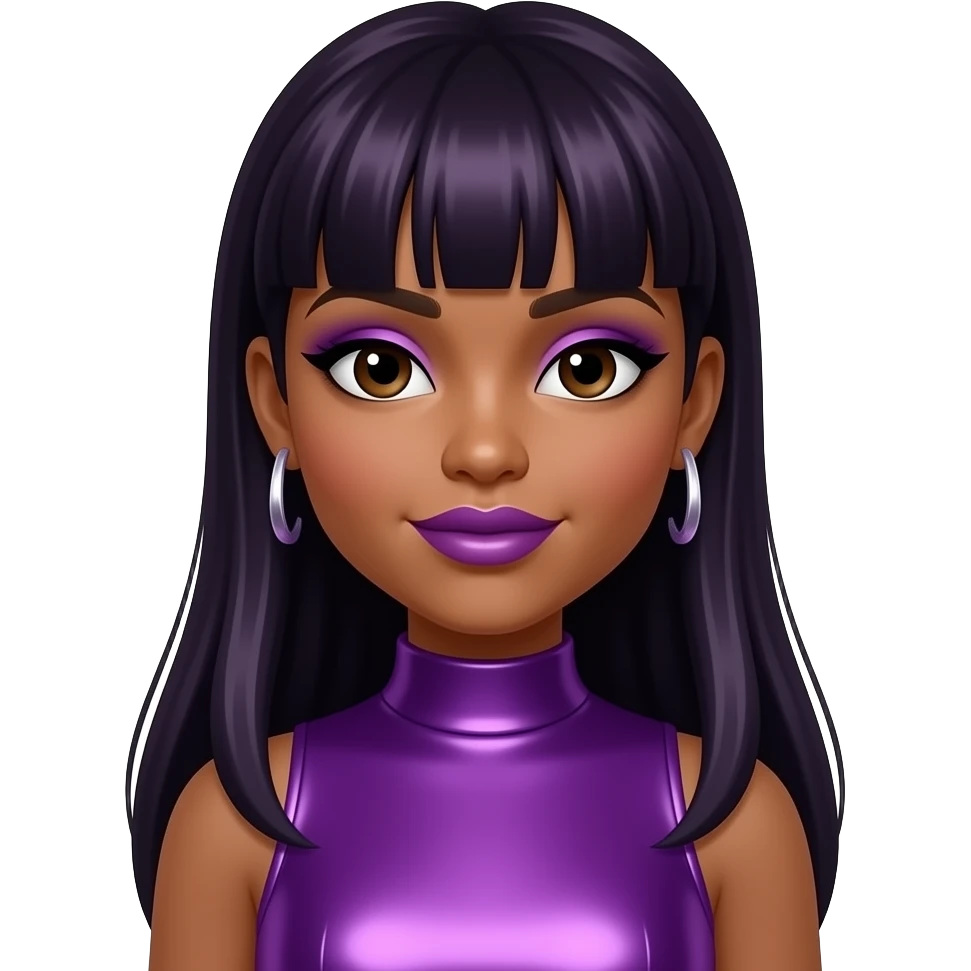 Breaunna "Babydoll" Womack from OMG Girlz with dark skin, dark brown eyes, long dark purple bang hair, purple eyeshadow, purple lipstick, purple metallic high neck dress, earrings emoji