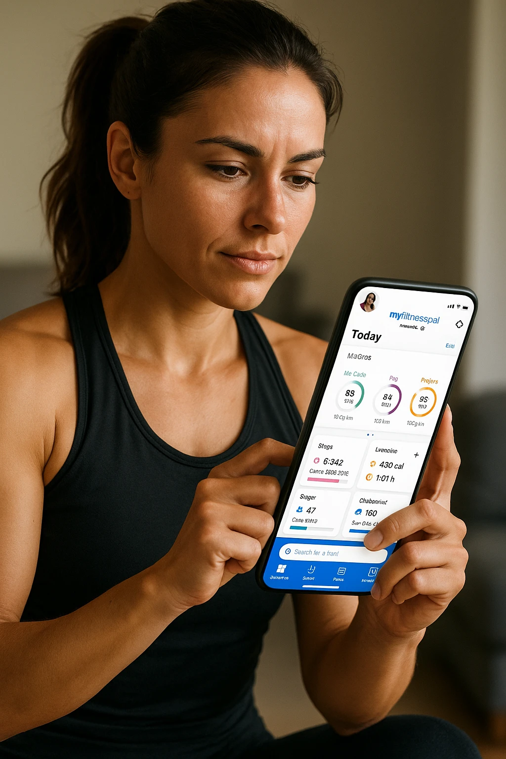 Donna sportiva che usa app contacalorie come myfitnesspal emoji