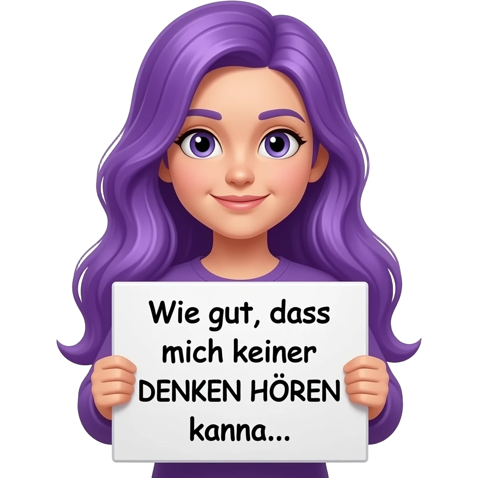 girl with long purple hair holding a Wie gut, dass mich keiner DENKEN HÖREN kann... sign emoji