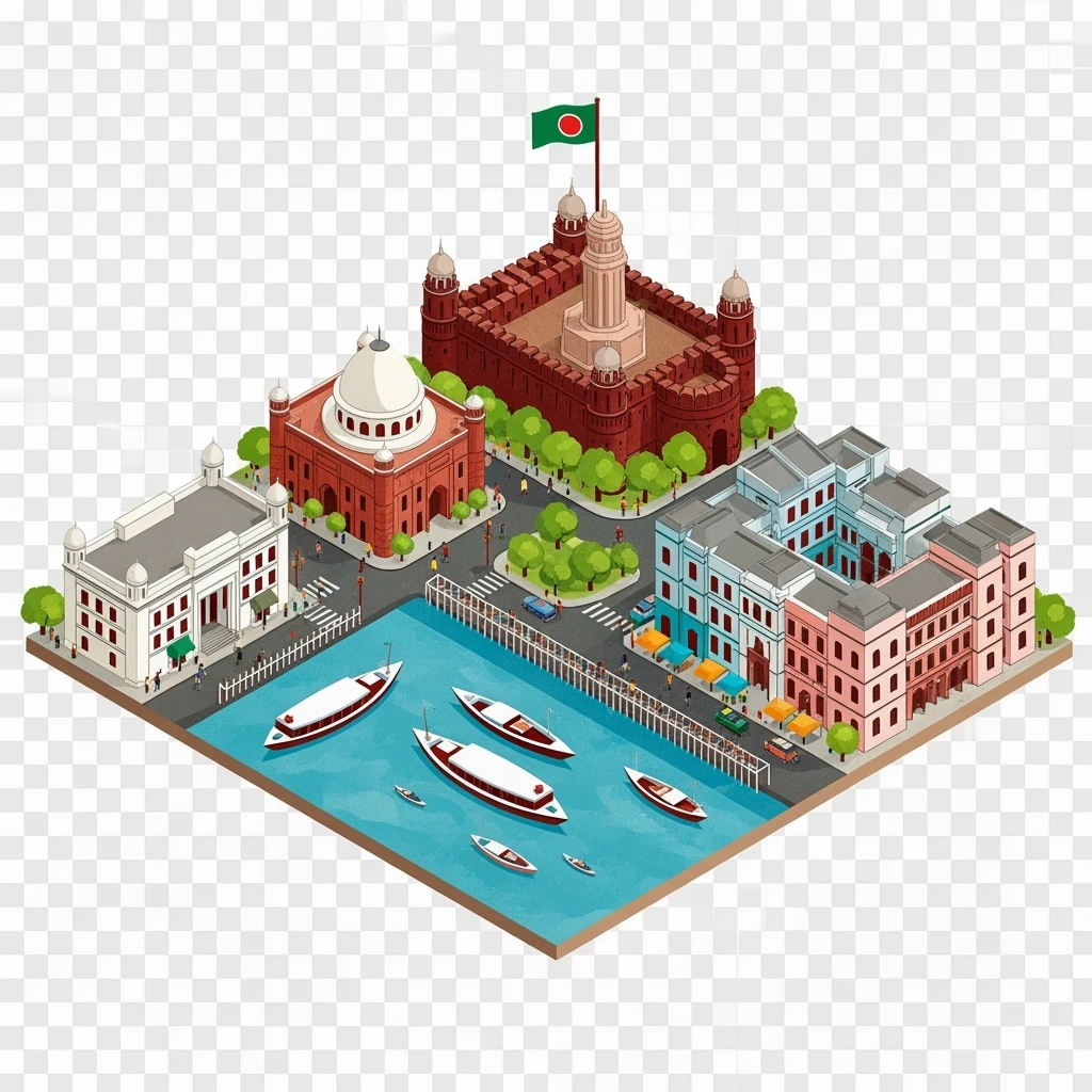 Isometric minimalistic illustration of Dhaka – Lalbagh Fort, Ahsan Manzil, bustling river boats, colorful streets, subtle 3D miniature effect and Tilt Shift effect, no cartoonish look, transparent background. emoji