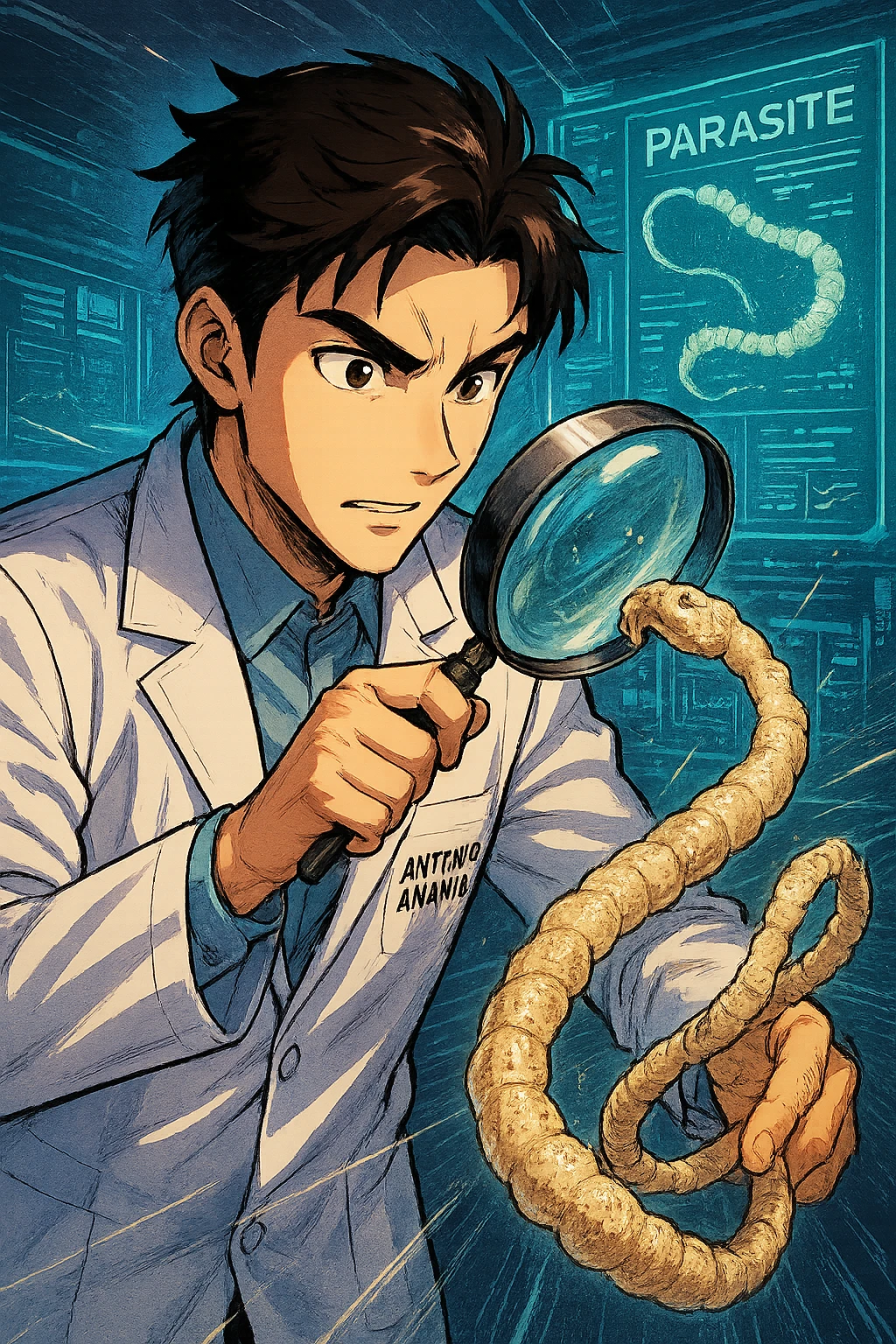 A dynamic manga/webtoon-style illustration of a young male kinesiologist wearing a clean white lab coat, analyzing light beige worms like a tapeworm under a magnifying glass. His expression is focused and slightly intrigued, with sharp, detailed eyes. The art style is vibrant, with bold linework, rich colors, and dramatic lighting. The background is a futuristic laboratory with glowing holographic screens displaying parasite data. The tapeworm is intricately drawn, slimy and segmented, with a slightly exaggerated yet realistic texture. The composition is dynamic, with motion lines or energy effects to emphasize his scientific investigation. The atmosphere is intense but not dark, keeping a balance between scientific seriousness and stylish manga aesthetics, he has "ANTONIO ANANIA" WRITTEN ON WHITE LAB COAT emoji