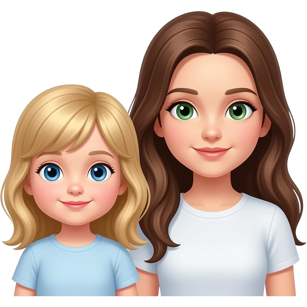 der bub ist am kleinsten. das mädchen ist mittelgroß und hat blonde haare und blaue augen. das andere mädchen ist die größte und hat grüne augen und sehr lange braune haare. emoji