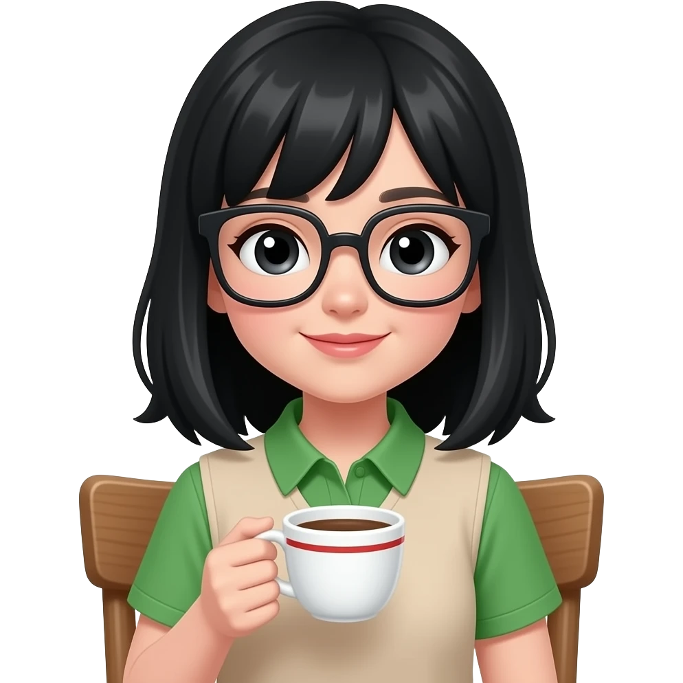 Chica de pelo negro ojos negros y piel blanca con lentes oversize square GAFAS DE LEER BIEN GRANDES , camiseta de cuello verde y el resto beige, sentada en una silla de madera , en la mano derecha una taza de cafe blanca con líneas rojas emoji