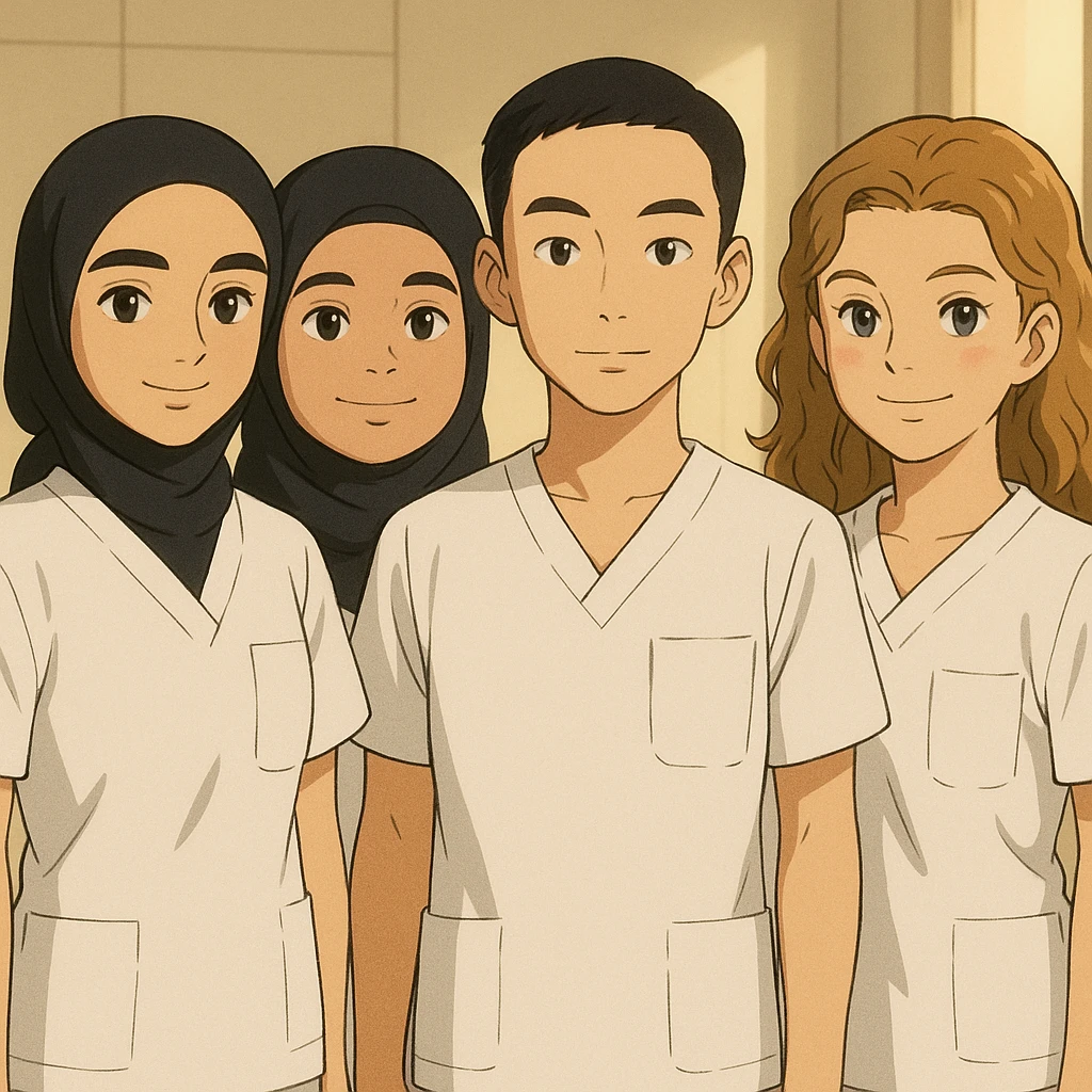 Four nursing students standing side by side indoors, each wearing a white short-sleeved uniform with a V-neck medical tunic, left chest pocket, no collar stand, no stethoscope, nothing protruding from the short sleeves, bright ambiance, no feet visible, in Ghibli style. emoji