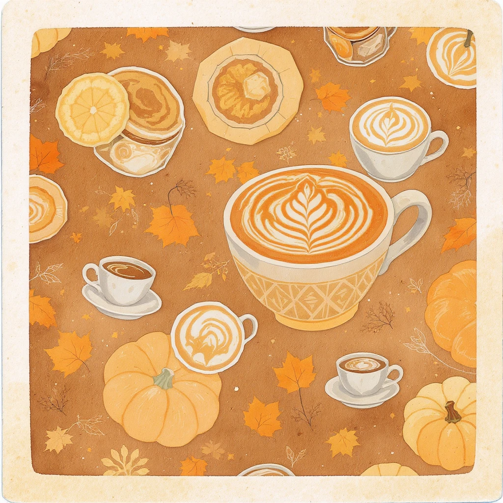 coffee latte art seamless background, pumpkin spice latte, creamy brown and orange tones, cozy autumn café vibe, watercolor effect emoji