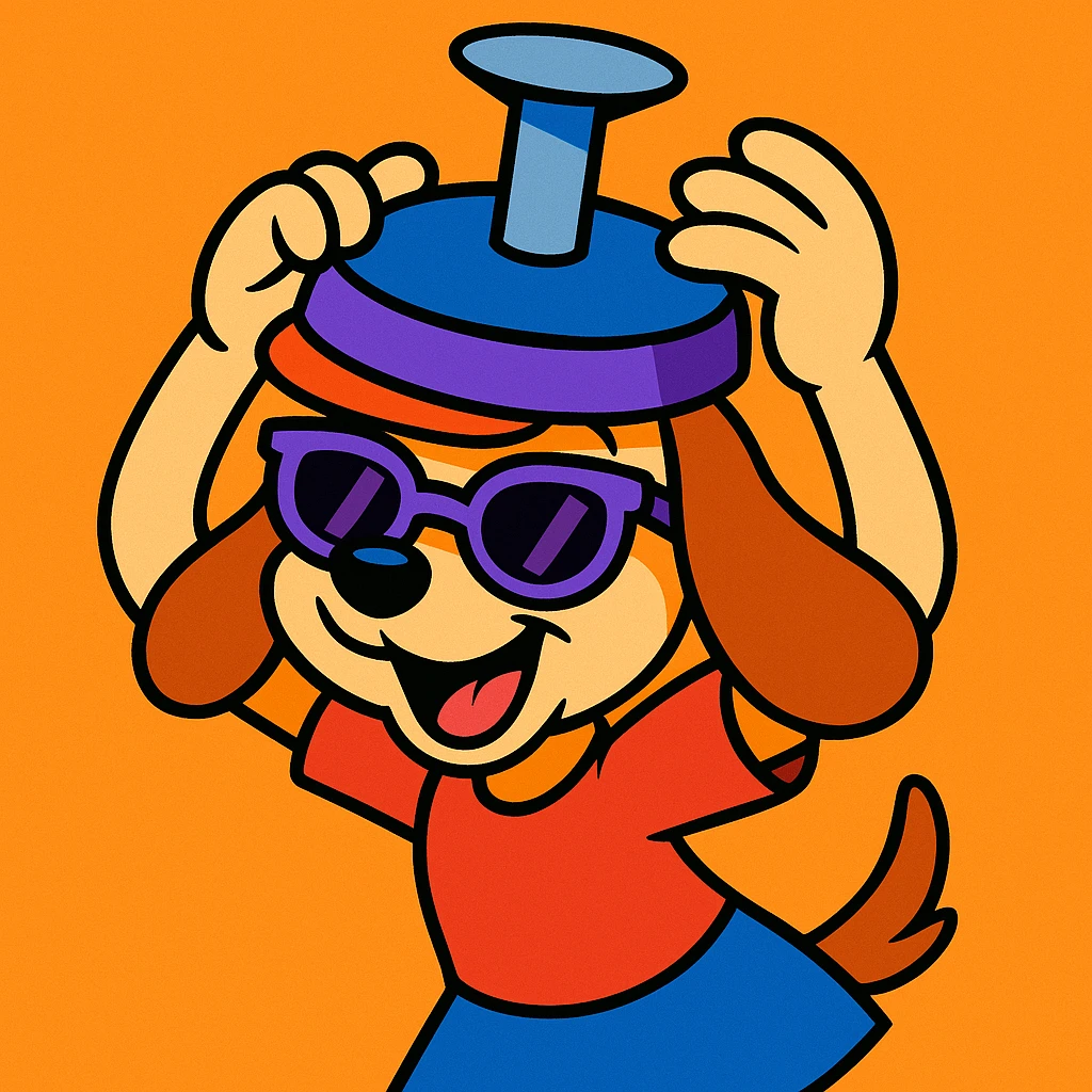 playful puppy girl character holding a nail-themed hat above her head, wearing half purple sunglasses, fun and expressive cartoon style emoji