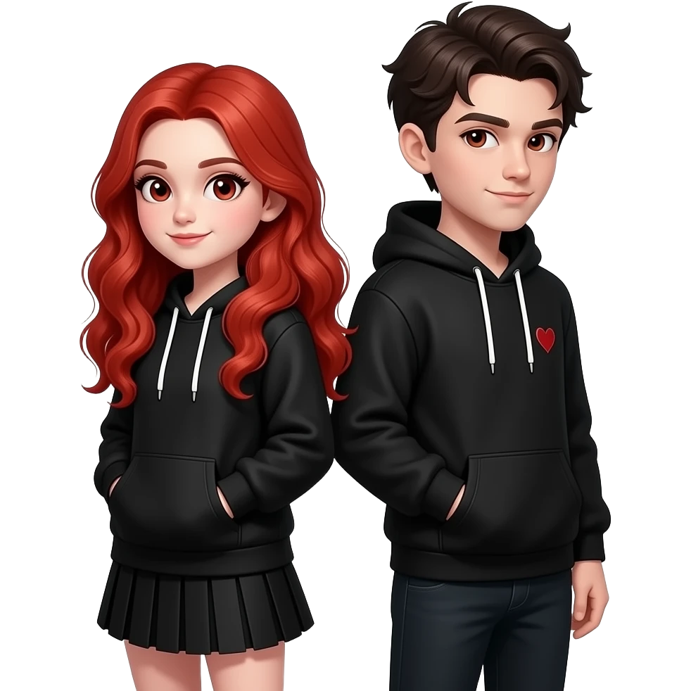 Vampiro femmina 12 enne con capelli lunghi rosso fuoco ondulati con pelle bianca che indossa una gonna corta nera e una felpa e che è schiena contro schiena con il fratello VAMPIRO emoji