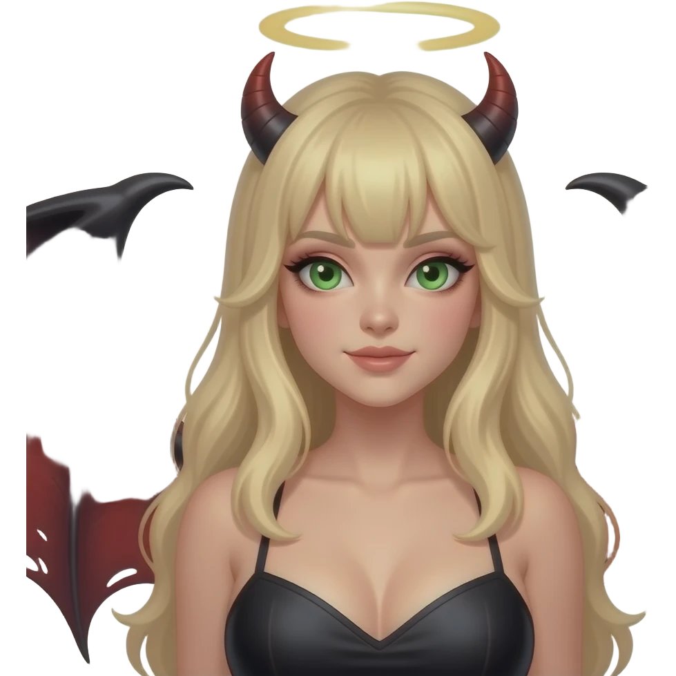 Make an emoji of a pretty, busty, green eyes, blond hair (no bangs) white girl with an angel halo, but devilish and dark everywhere else with dragon wings emoji