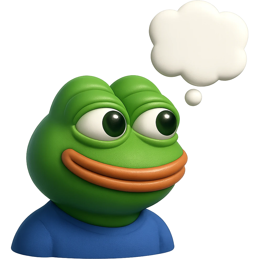 make a pepe in bright green smiling with thought bubble looking at left side in 3d style, good highlights and shadows, drop shadows emoji