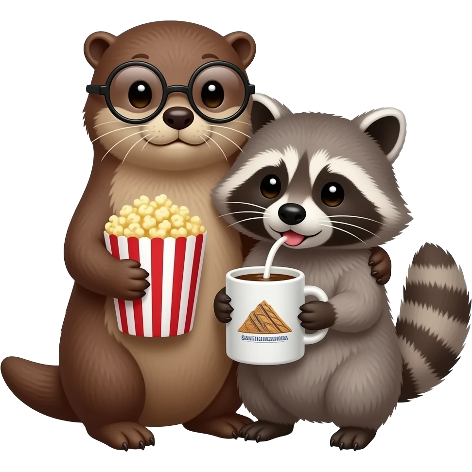 an otter with round glasses snuggling with a raccoon with popcorn and hot chocolate in a mug in San Francisco California emoji