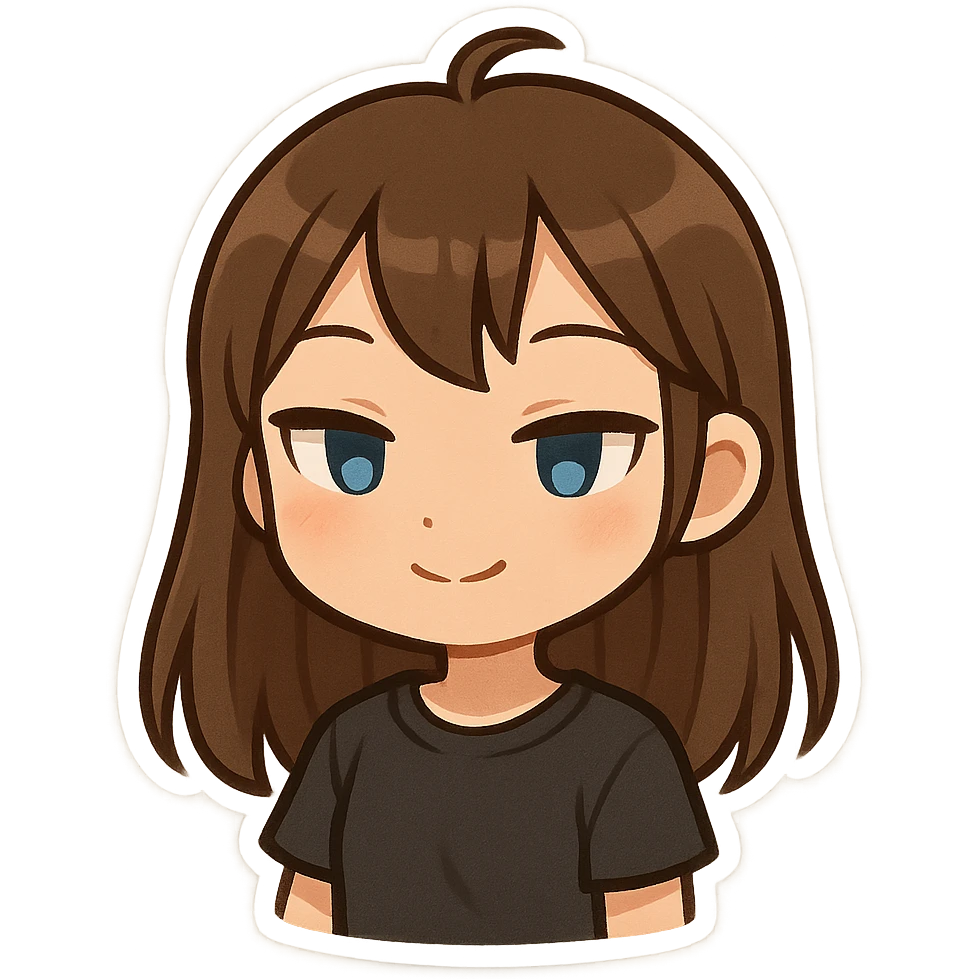a girl with narrow Asian blue eyes, brown hair, and a small bang below her shoulders, wearing a black T-shirt, cute chibi style emoji