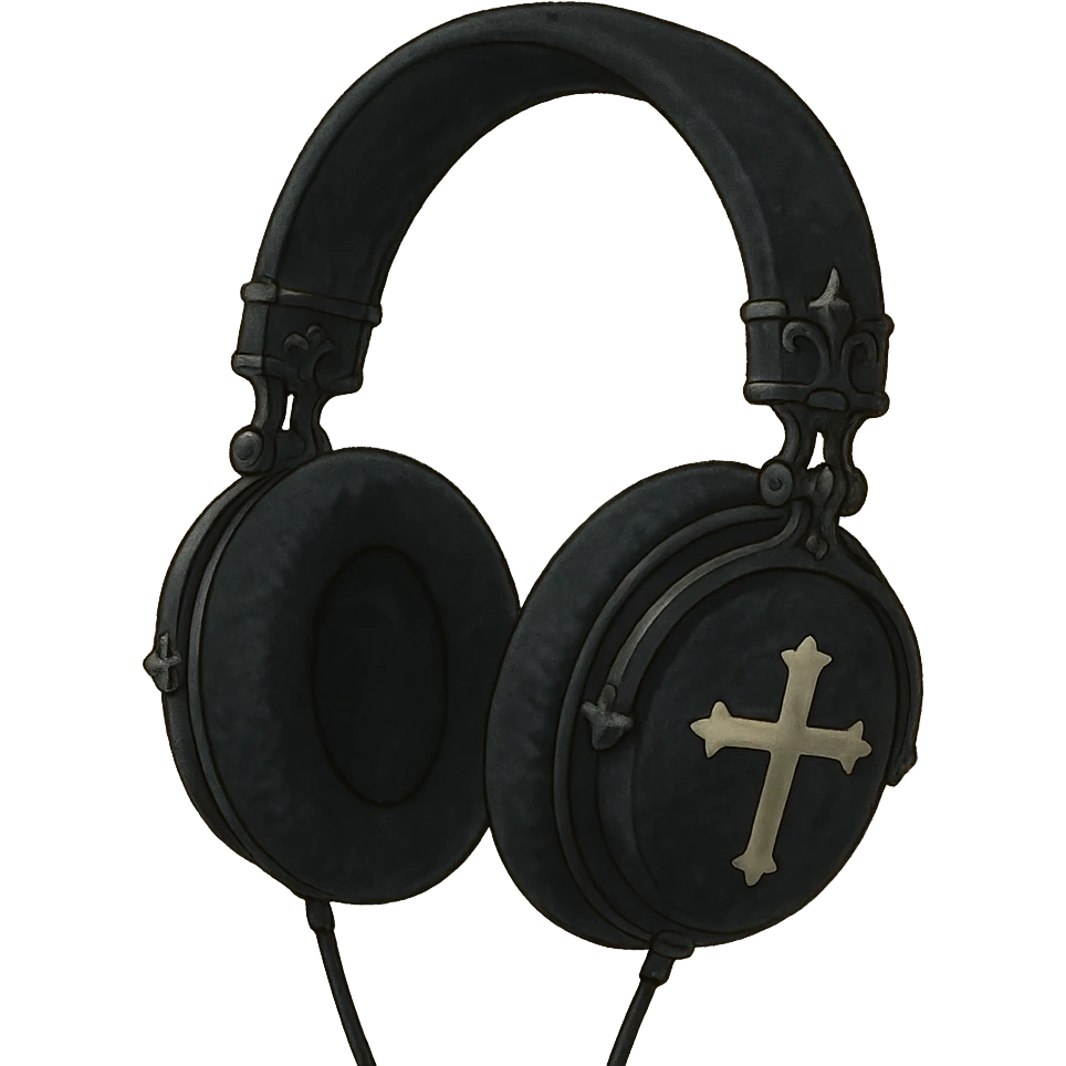 black gothic headphones with soft shading, cross motifs, velvet texture, ghibli style emoji