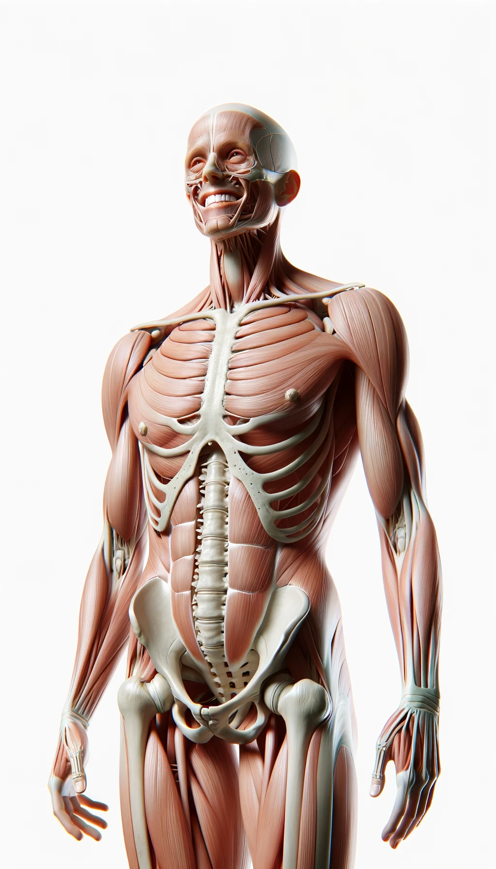 corpo umano anatomico a figura intera visibile fino ai fianchi che sorride rilassato, iperrealistico 4k, isolato su sfondo bianco emoji