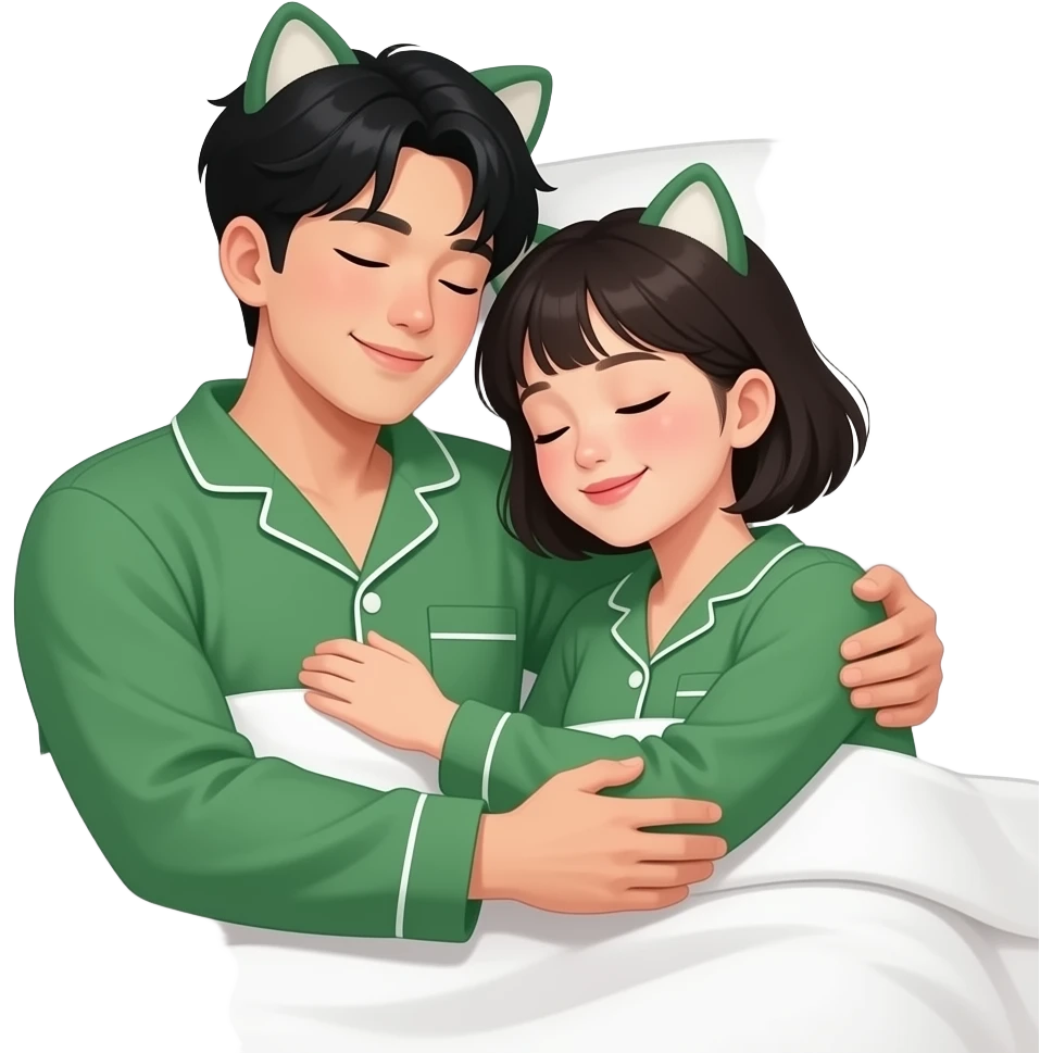 hot korean man with bangs sleeping with a hot Filipina with short hair and bangs. make them hug very comfortably like they are sleeping. make them wear a raccoon cat matching pajamas emoji