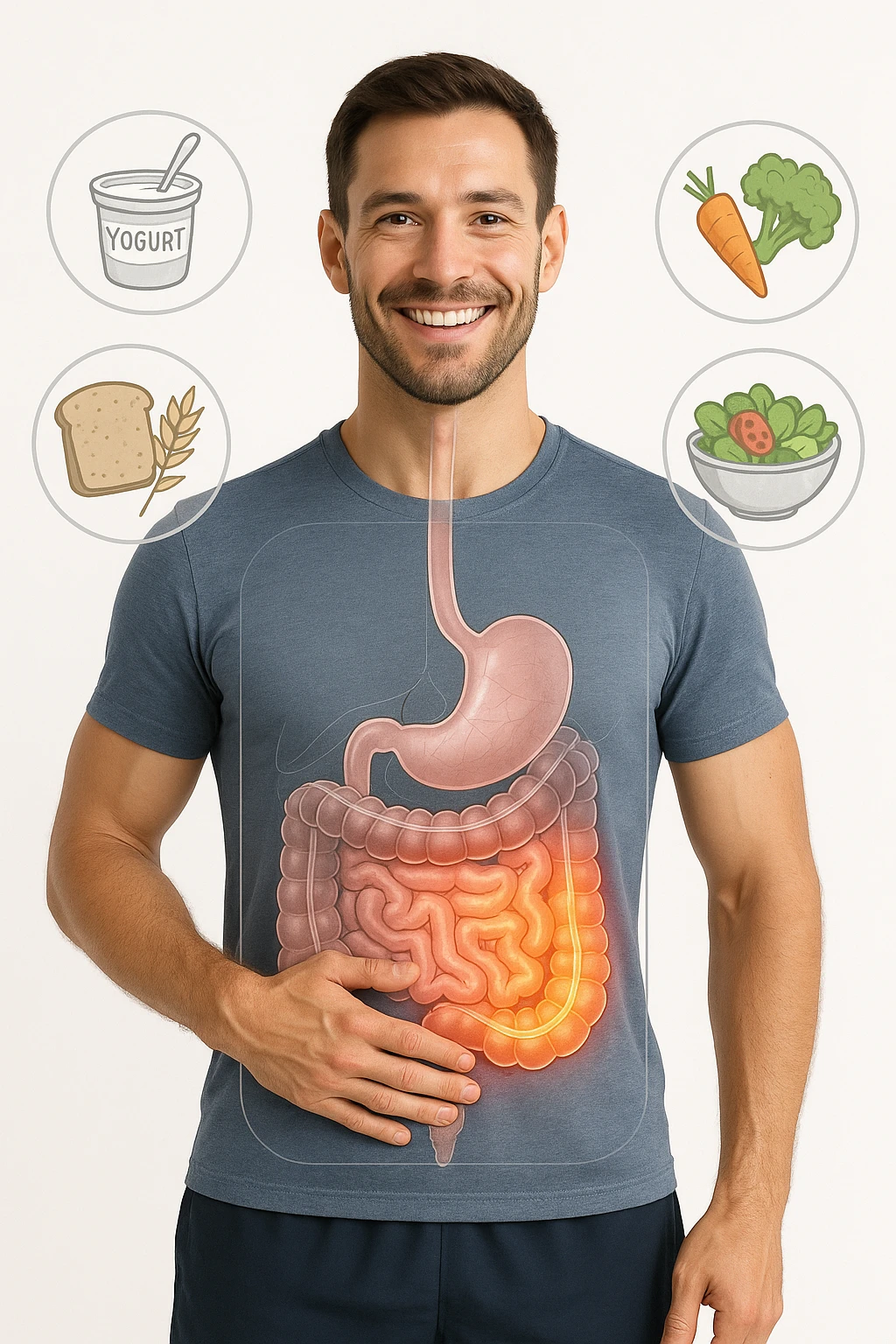 a fit, smiling man stands confidently with one hand on his abdomen. A transparent overlay reveals a healthy, detailed digestive tract with a glowing, vibrant intestine. Around him, icons of healthy foods like yogurt, vegetables, and whole grains float, symbolizing good gut health. The background is clean and bright, with an educational mood. emoji