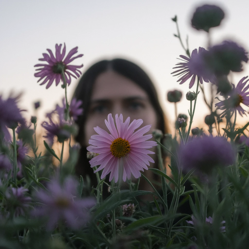 Person peaking from back of the flower with cinematic blur emoji