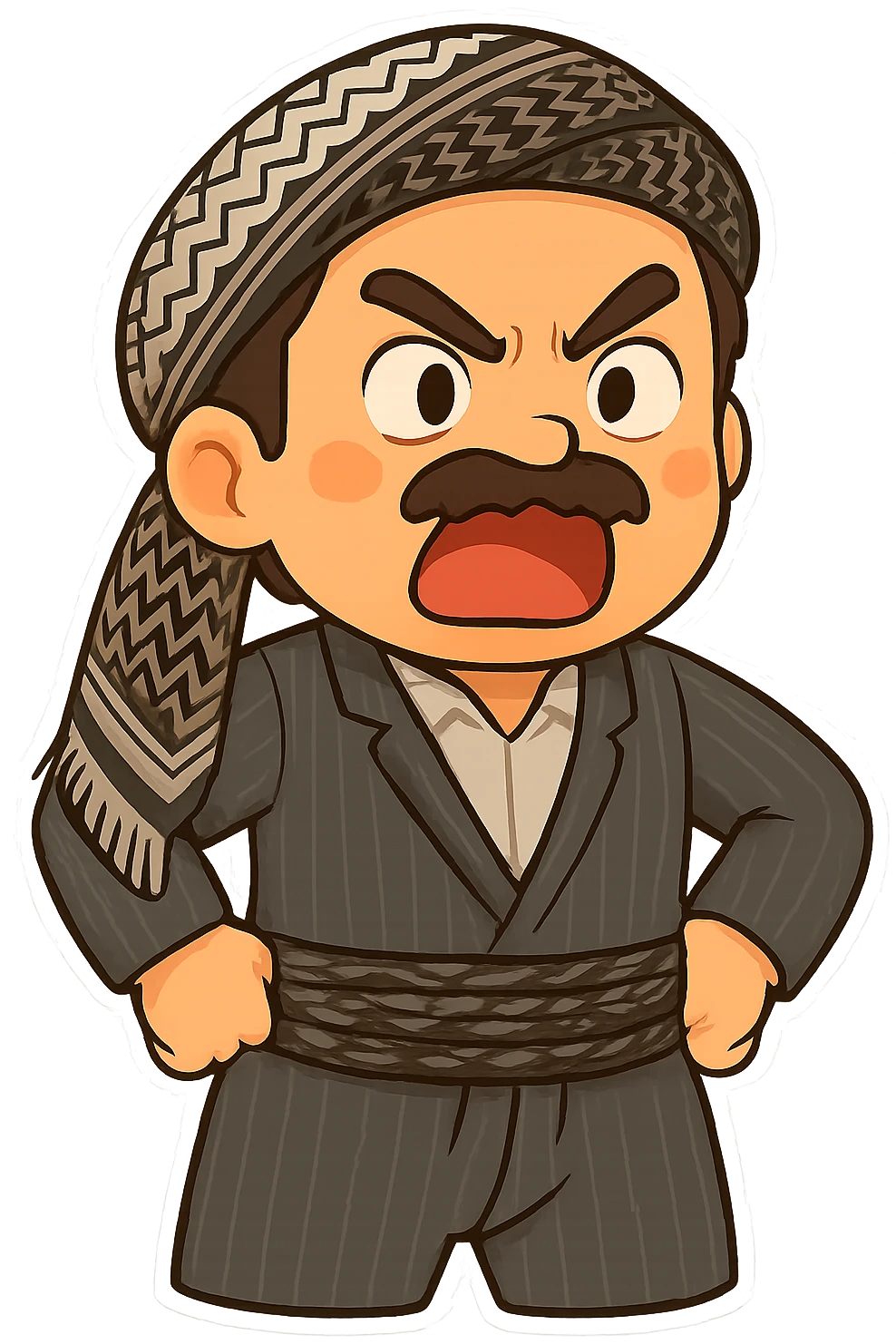 Cartoon sticker of a Kurdish man with the exact same clothes and scarf as the reference image, no changes to clothing or scarf. Face showing anger and rage. Hands on hips and body slightly leaning forward as a sign of protest or argument. Colorful and cheerful style, no shadows or color halos around the image, no text. Suitable for WhatsApp and Instagram, with a completely transparent background. emoji