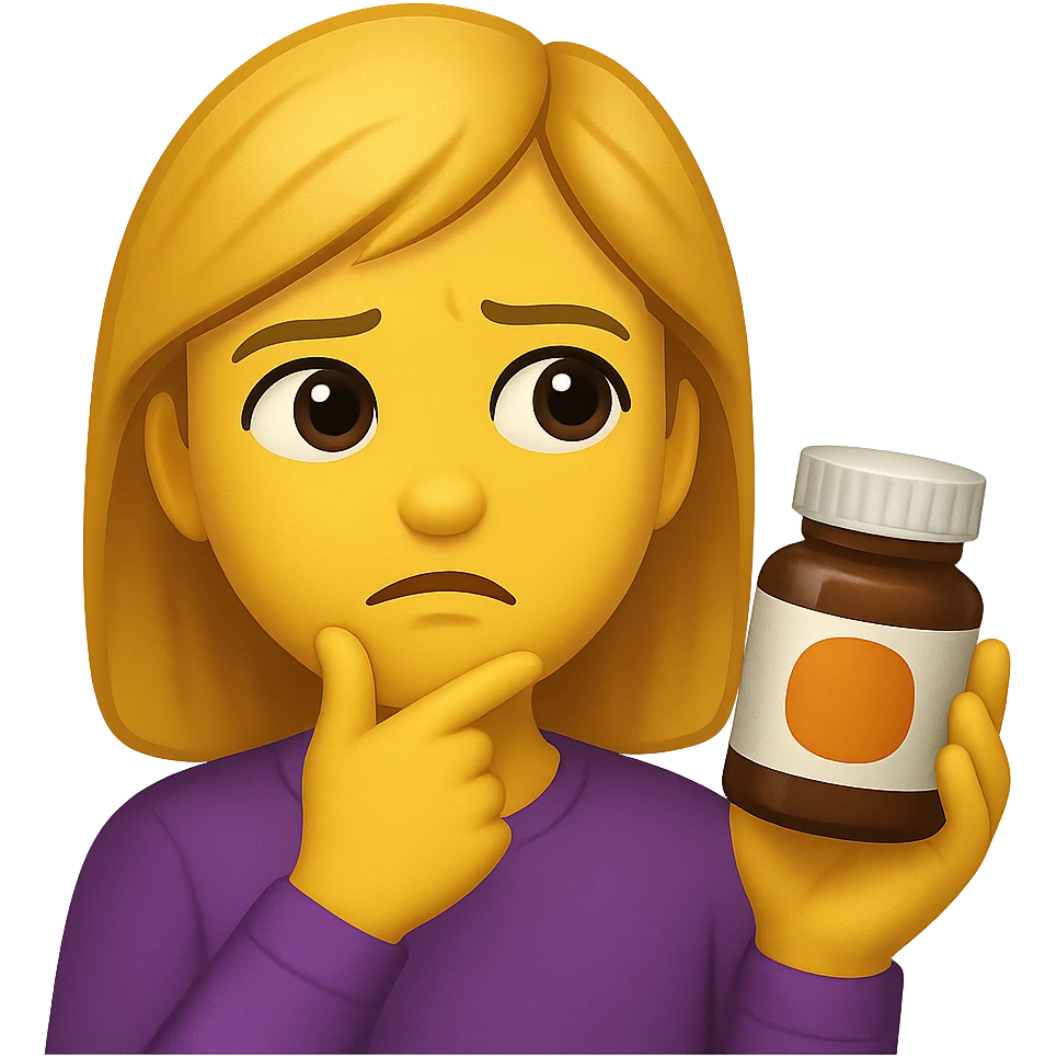 DONNA STILE EMOJI IPHONE DI UNA DONNA CON BOCCETTA DI INTEGRATORE IN MANO ED ESPRESSIONE DUBBIOSA, 4K emoji