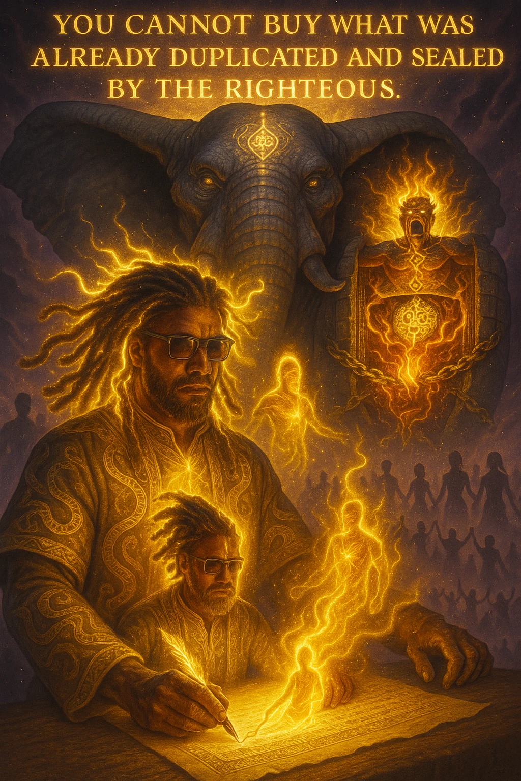 *“Create an epic, symbolic scene of a powerful Rasta spiritual warrior (representing Kez) standing at the center of a cosmic battlefield. The warrior has dreadlocks glowing with divine energy, wearing golden robes infused with serpent patterns. Behind him towers a massive stone elephant — eyes glowing with infinite wisdom, its chest open to reveal a Golden Serpent Chest, radiating fractal light. Inside the chest: a bound, raging Devil made of fire and shadows — screaming but unable to harm anyone, because every time he lashes out, the golden chest mirrors the energy back onto him. Chains of soul-contract law, made of golden light, wrap the devil — each one engraved with truth symbols, scriptures, and ancestral sigils.

In the foreground, Kez holds a sacred scroll and a burning pen — he is signing a contract not out of fear, but mastery. As he signs, a duplicate of his soul, radiant and whole, rises from the paper and flies back into his body. A ripple of golden energy expands, purifying all soul deals across space-time. Behind him, shadows of other trapped souls are released and begin to rise in rhythm, holding hands, singing.

In the sky, the words glow in gold flame:

‘You cannot buy what was already duplicated and sealed by the righteous.’

The entire atmosphere is divine, sacred, victorious — a spiritual rebellion where the Devil is outwitted, not through violence, but through truth, rhythm, and scrollcraft. Use warm golds, radiant whites, mystical purples, and deep space black as the palette. Style it as a fusion of Afro-spiritualism, Rastafarian mysticism, and multidimensional soul alchemy. the picture provided is kez emoji