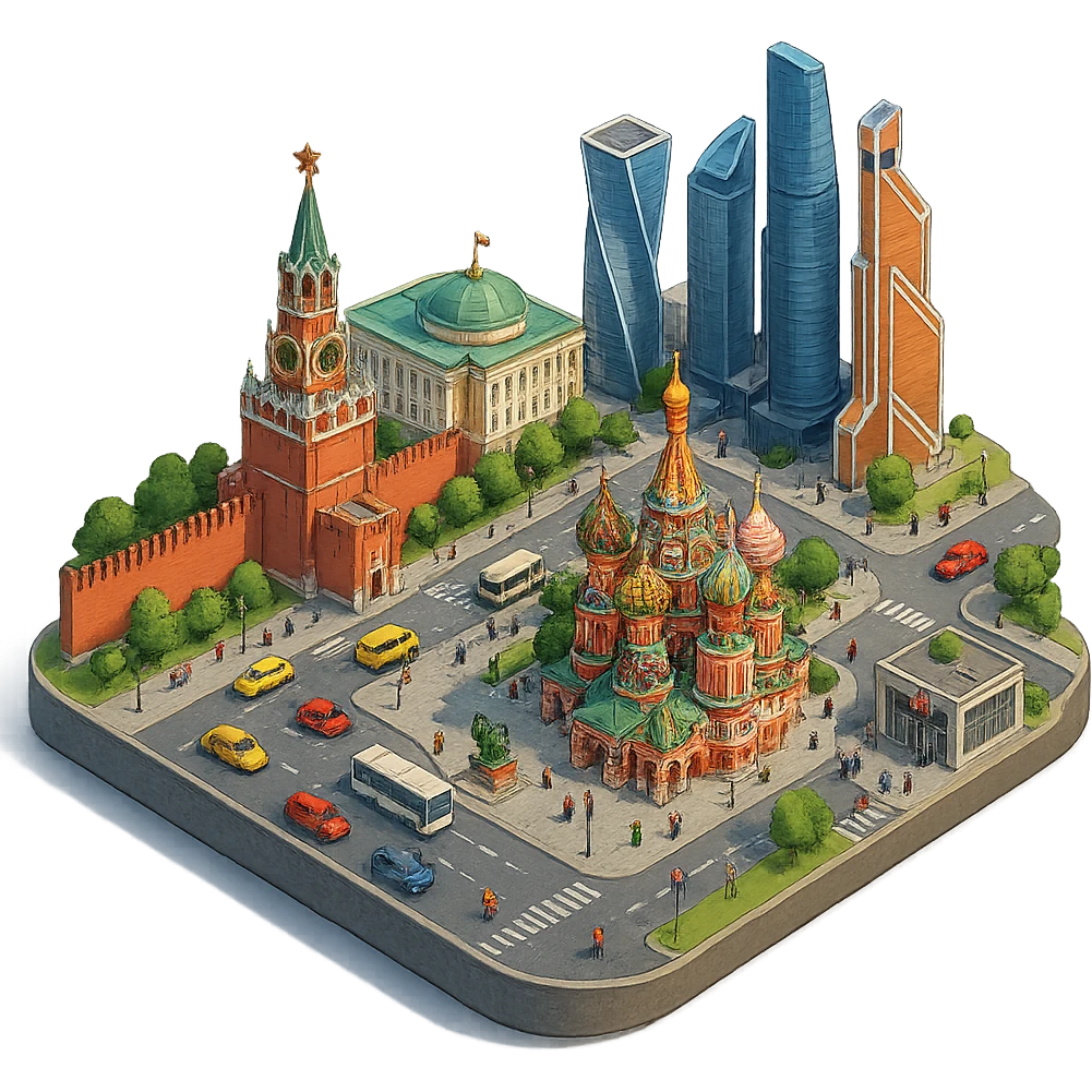 Изометричная миниатюрная фотореалистичная 3D модель Москвы на подставке - Кремль, собор Василия Блаженного, Башни Москва-Сити, четкая детализация, яркие цвета, мультяшный реализм, люди, автотранспорт и метро, компактная композиция, вид сверху в изометрии, прозрачный фон emoji
