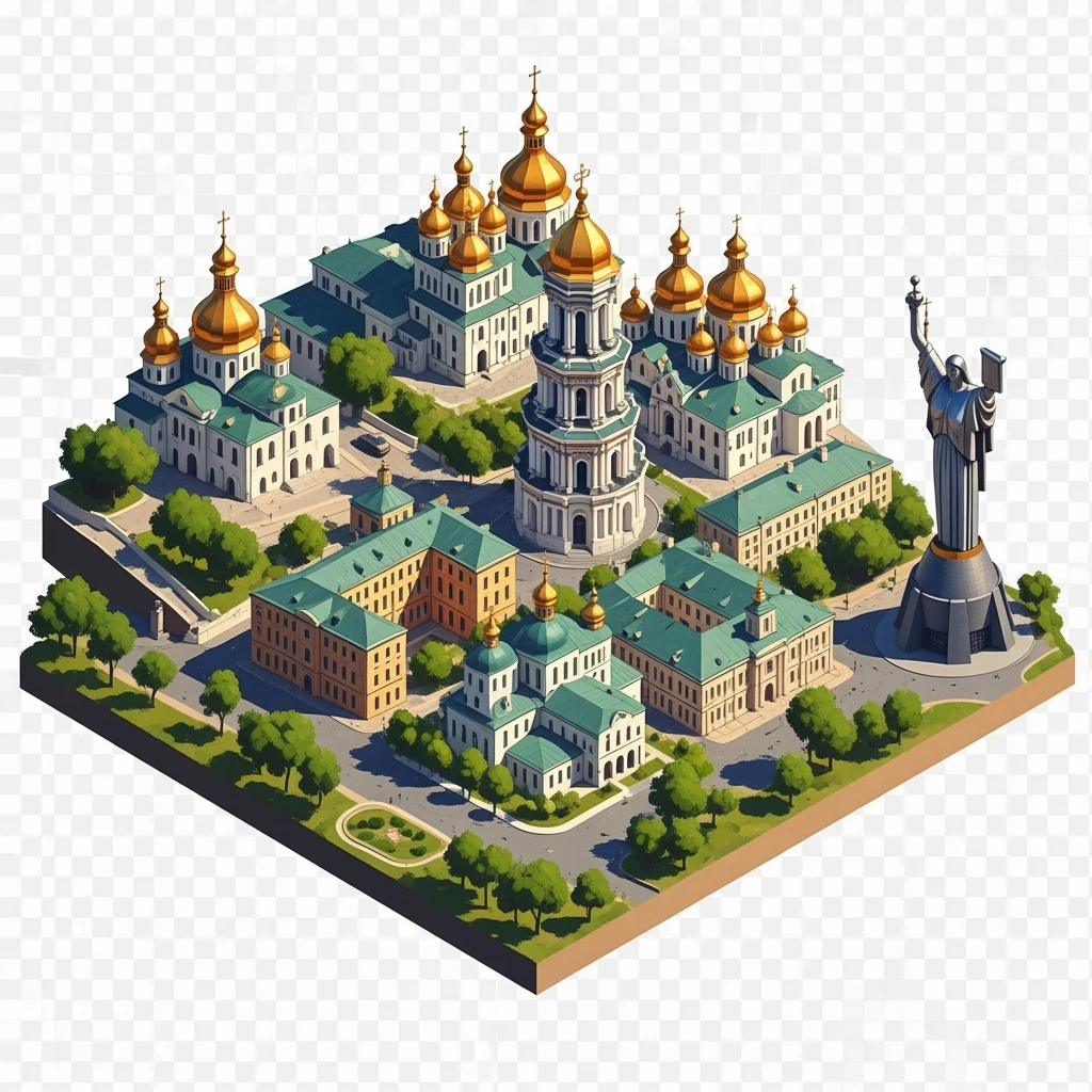 Isometric illustration of photorealistic Kyiv, balanced between paint stylized and realistic, 3D miniature effect, transparent background. emoji