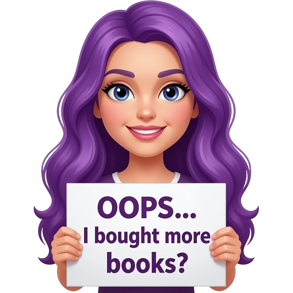 sexy girl with long purple hair holding a OOPS... I bought more BOOKS sign emoji