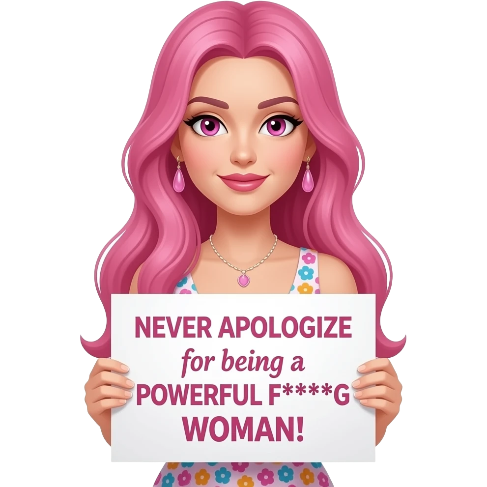 sexy girl with long pink hair and pink eyes wearing a dress holding a NEVER APOLOGIZE for being a POWERFUL F***ING WOMAN! sign emoji