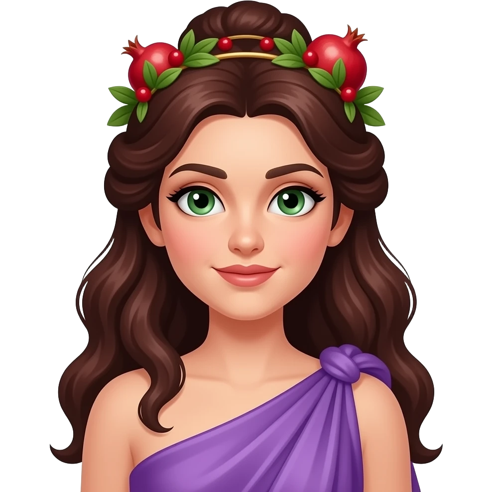 Proserpina from Roman Mythology with green eyes, long dark auburn wavy updo hair, amethyst peplos, pomegranate diadem emoji